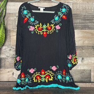 Embroidered Black V-Neck Boho Blouse with Multicolor Floral Accents